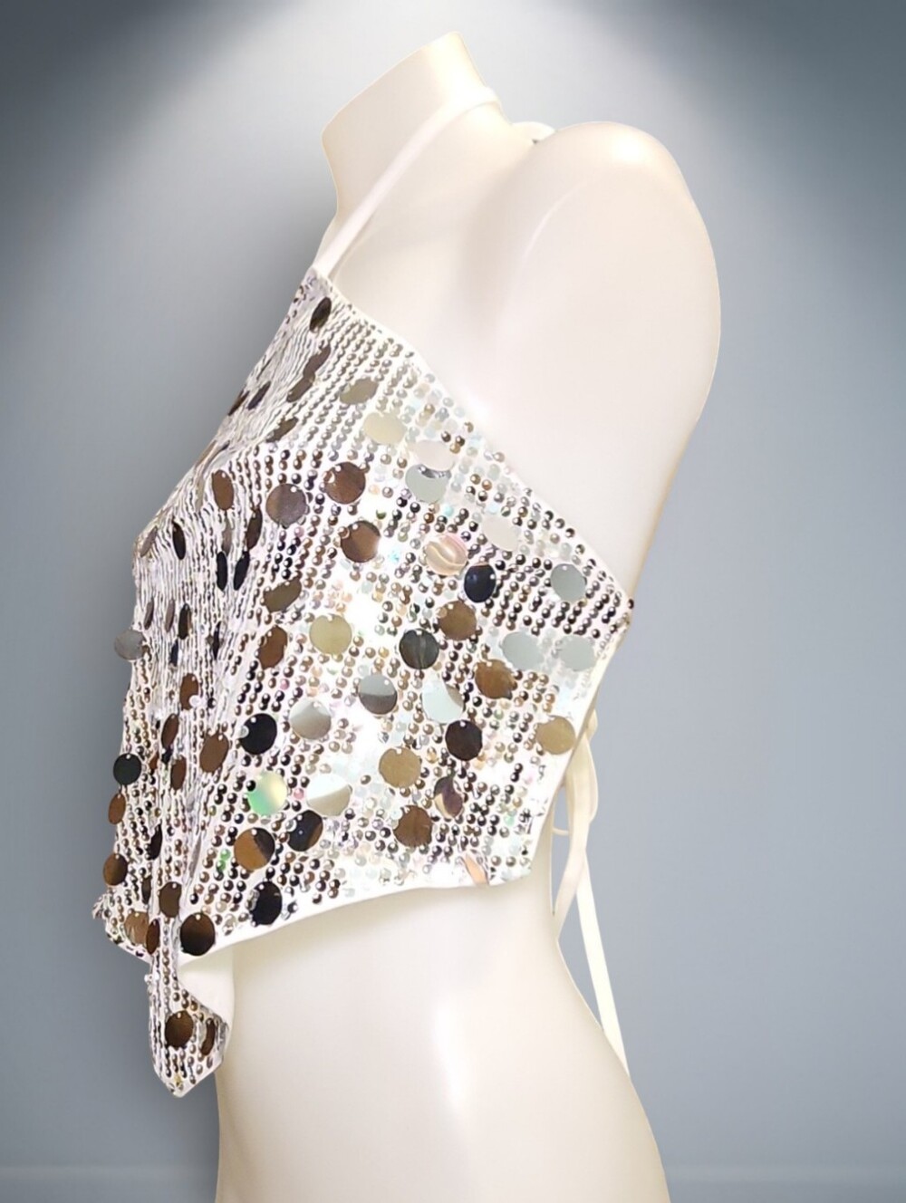 Silver & White Sequin Halter Y2k 90s Rave Tie Bandana Top sz M Lined Party Dance